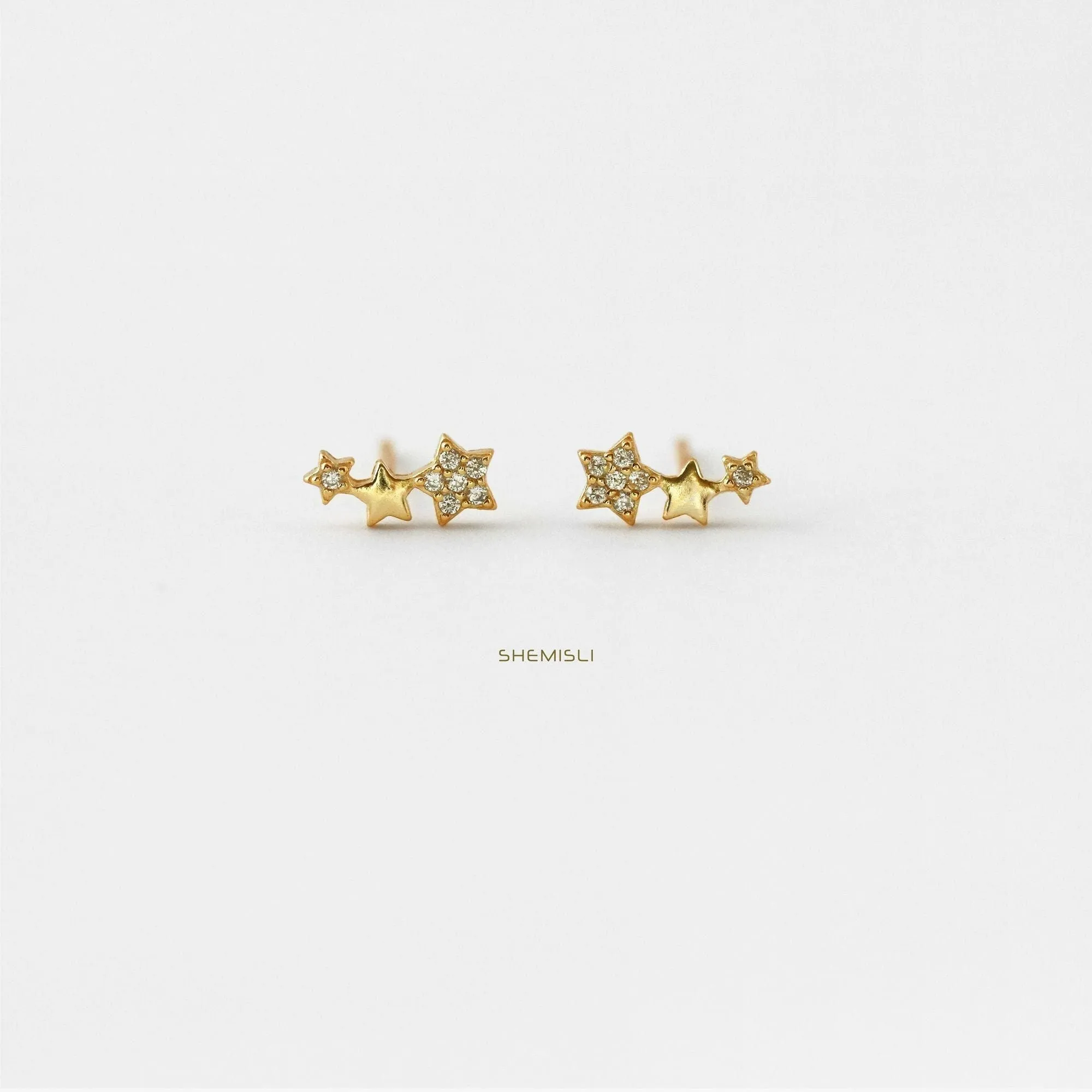 Three Stars CZ Studs Earrings, Unisex, Gold, Silver - SS070 LR