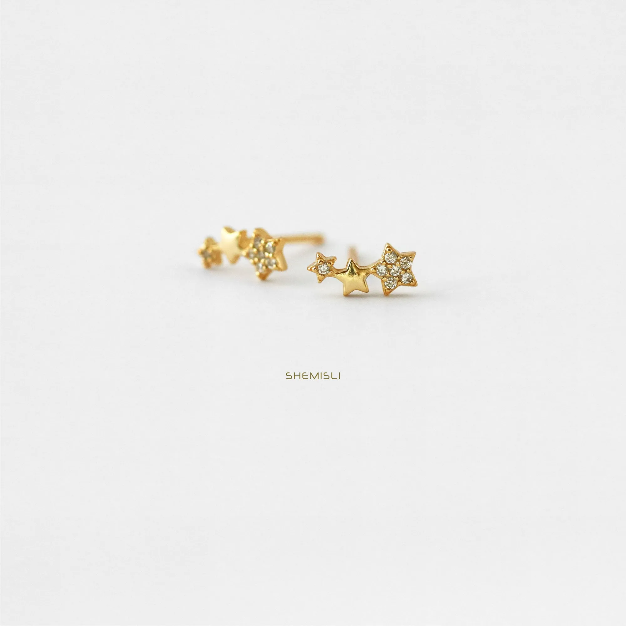 Three Stars CZ Studs Earrings, Unisex, Gold, Silver - SS070 LR