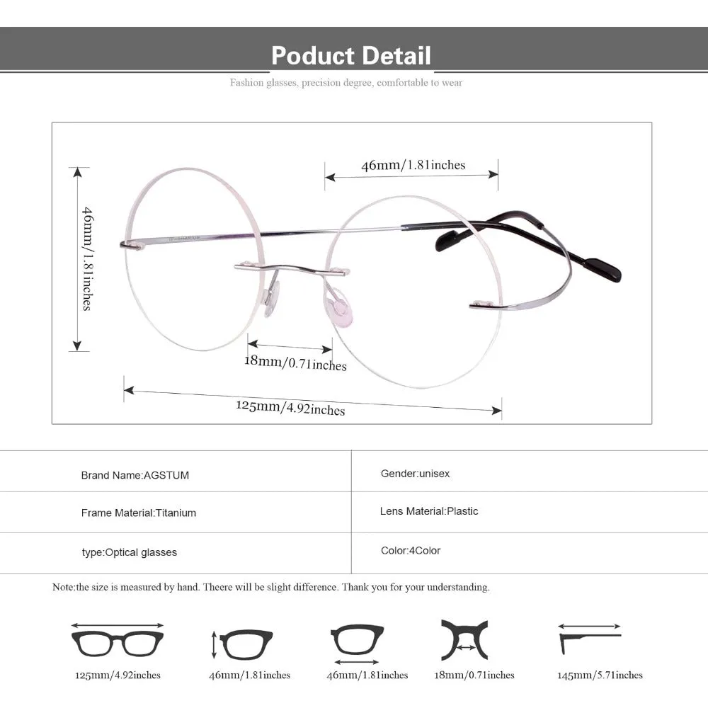 Titanium 46mm Round Rimless Flexible Eyeglasses A2007