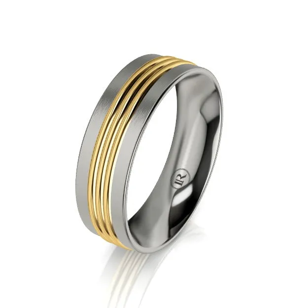 Titanium and Centered Triple Groove Gold Wedding Ring