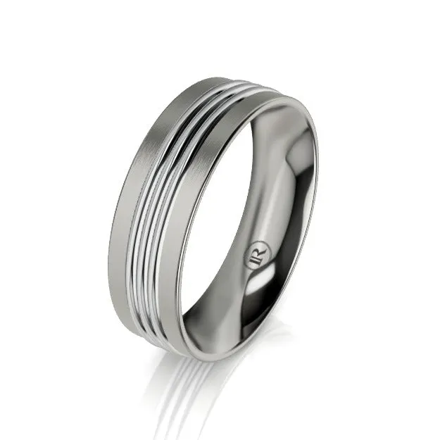 Titanium and Centered Triple Groove Gold Wedding Ring