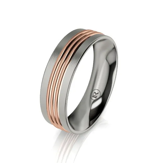 Titanium and Centered Triple Groove Gold Wedding Ring