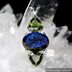 Titanium Aura Druzy Crystal Pendant with Moldavite Gemstones .925 SS