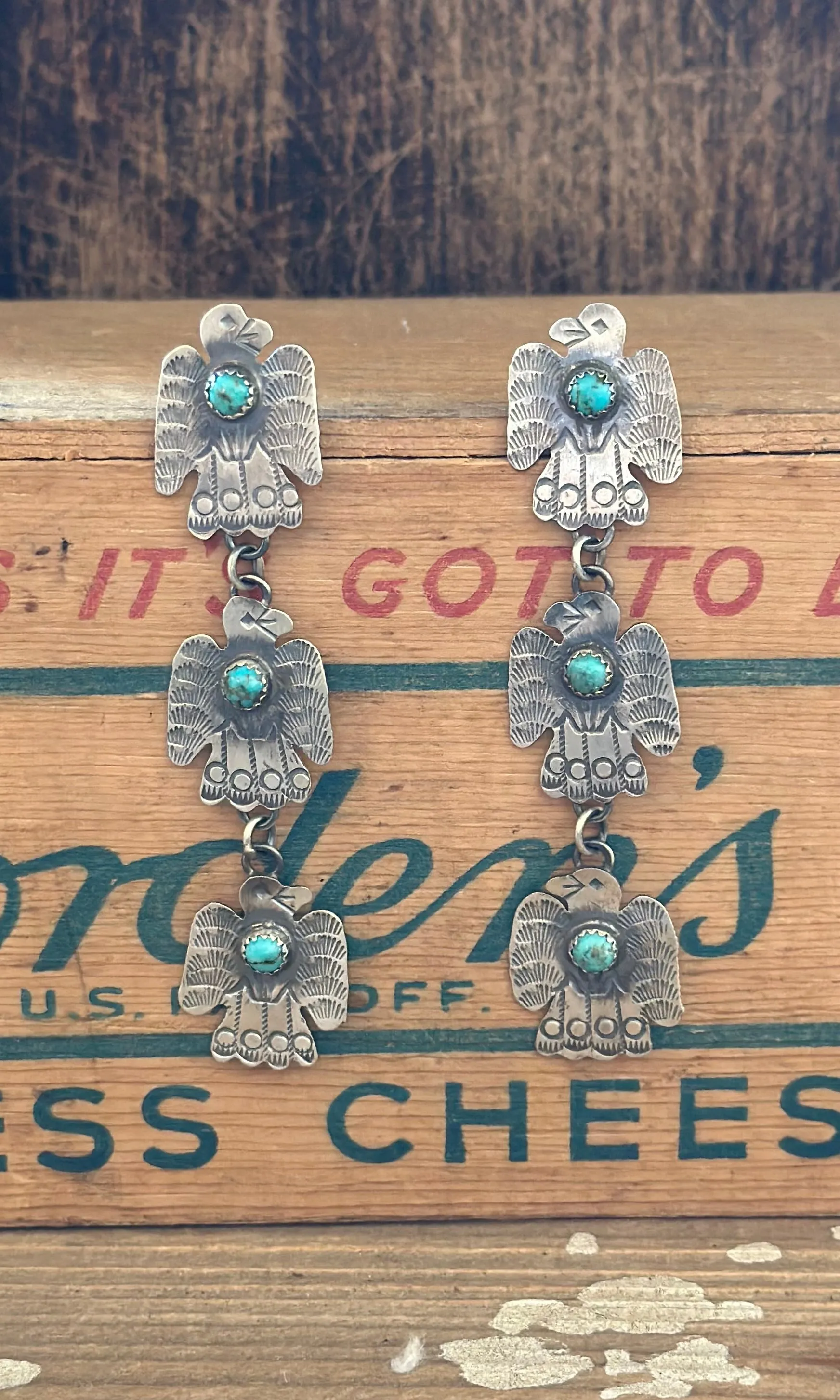 TRIPLE THUNDERBIRD Yazzie Sterling Silver and Turquoise Statement Earrings