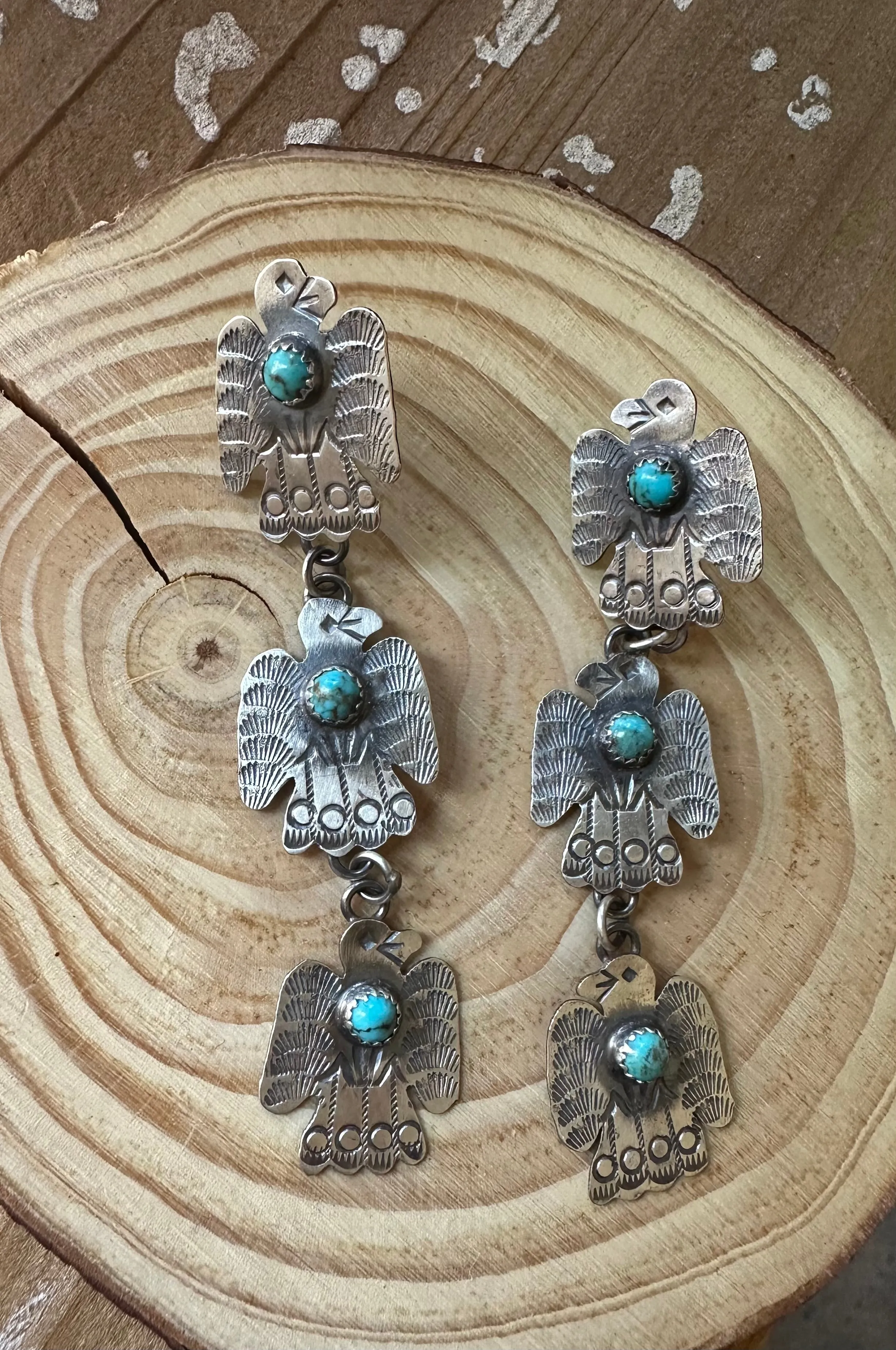 TRIPLE THUNDERBIRD Yazzie Sterling Silver and Turquoise Statement Earrings