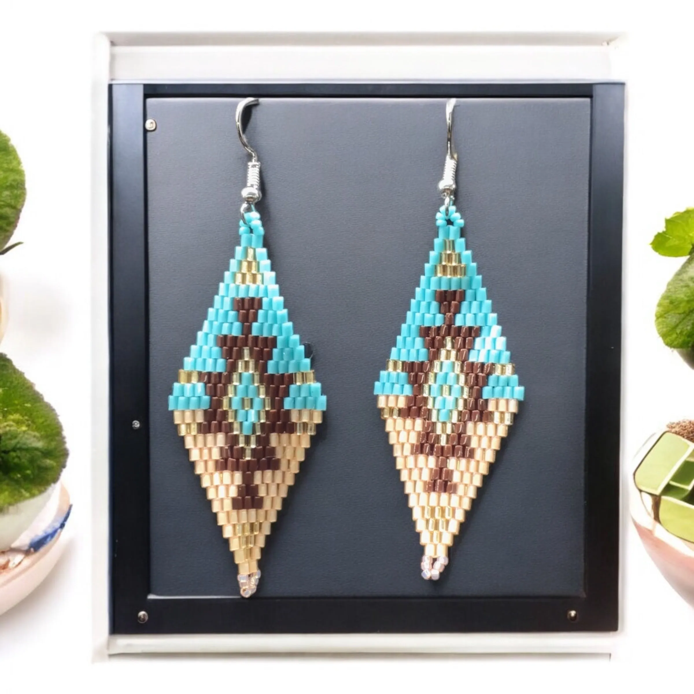 Turquoise and Black Miyuki Glass Beaded Earrings