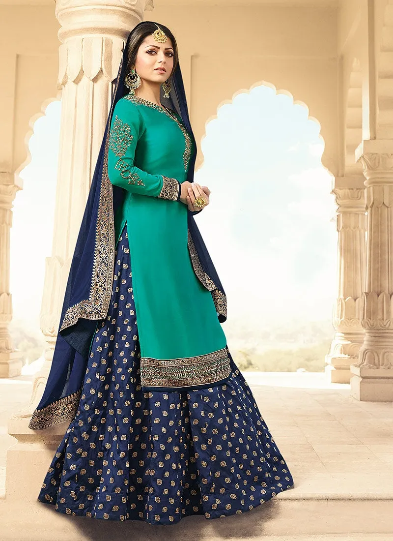 Turquoise And Blue Embroidered Lehenga Kurti Set