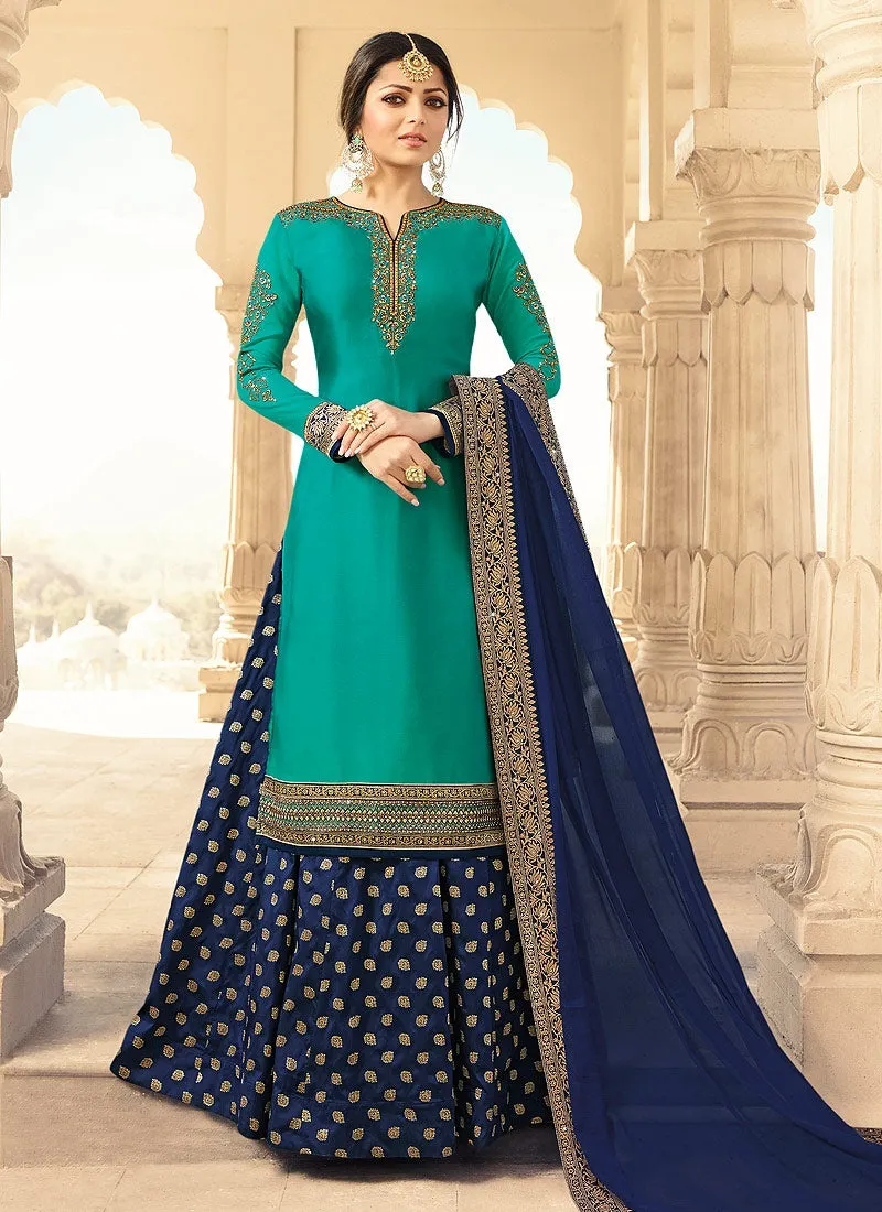 Turquoise And Blue Embroidered Lehenga Kurti Set