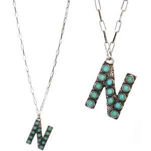 Turquoise Stone Initial "N" Pendant & Chain Link Necklace