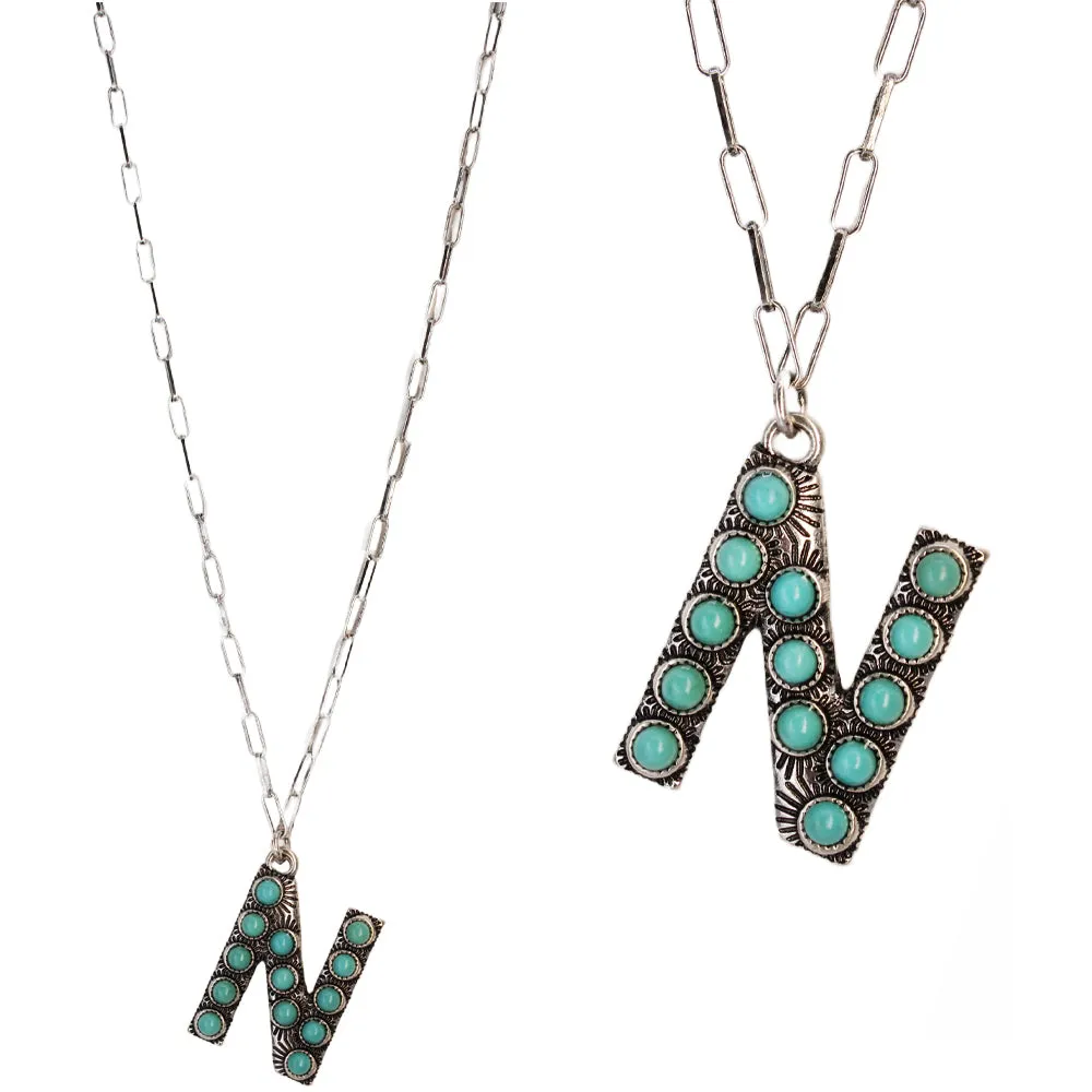 Turquoise Stone Initial "N" Pendant & Chain Link Necklace