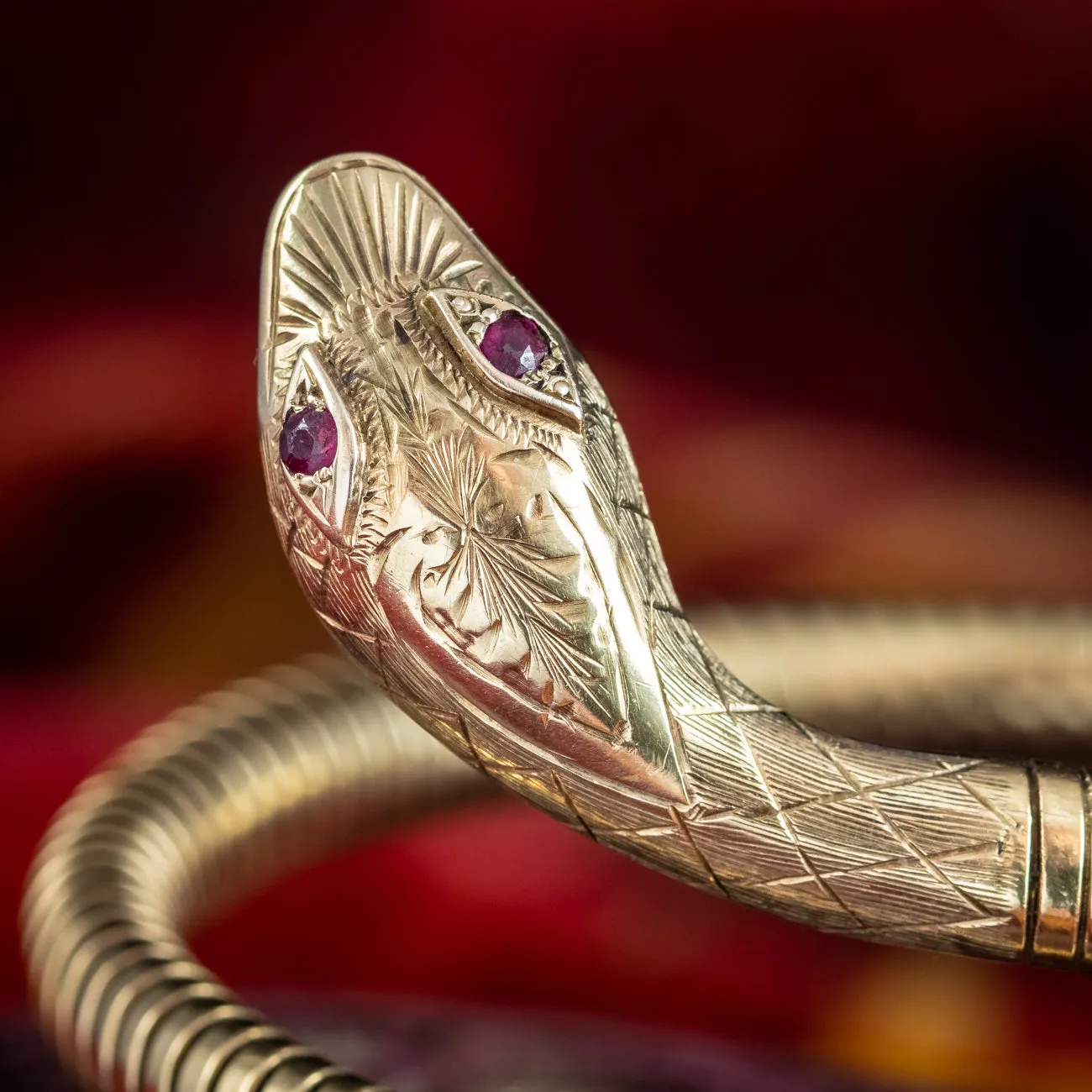 Vintage 9ct Gold Snake Bangle With Ruby Eyes Dated 1975