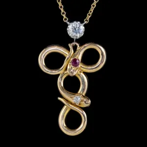 Vintage Diamond Ruby Snake Pendant Lavaliere Necklace 18Ct Gold