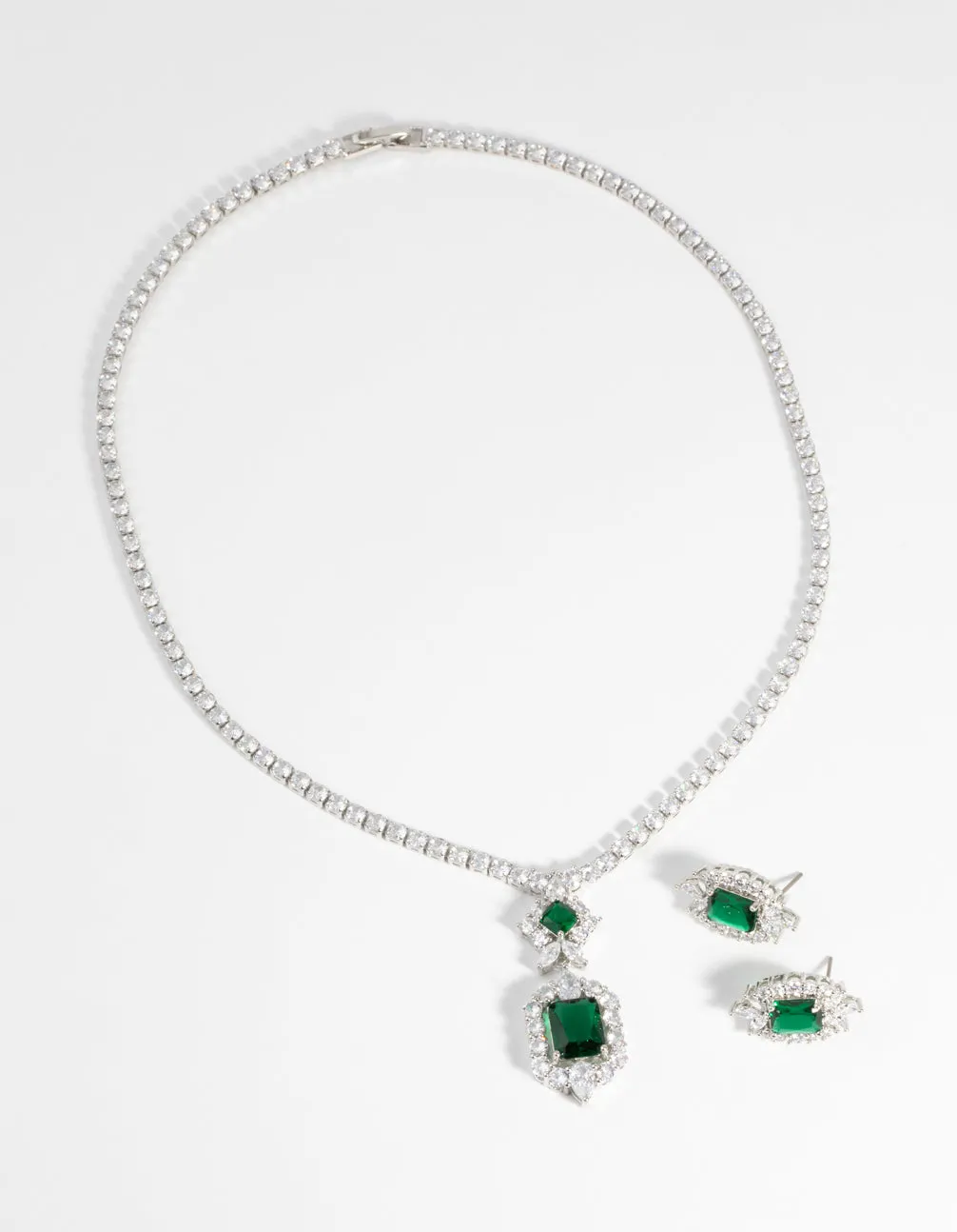 Vintage Emerald Diamond Simulant Necklace & Earrings Set