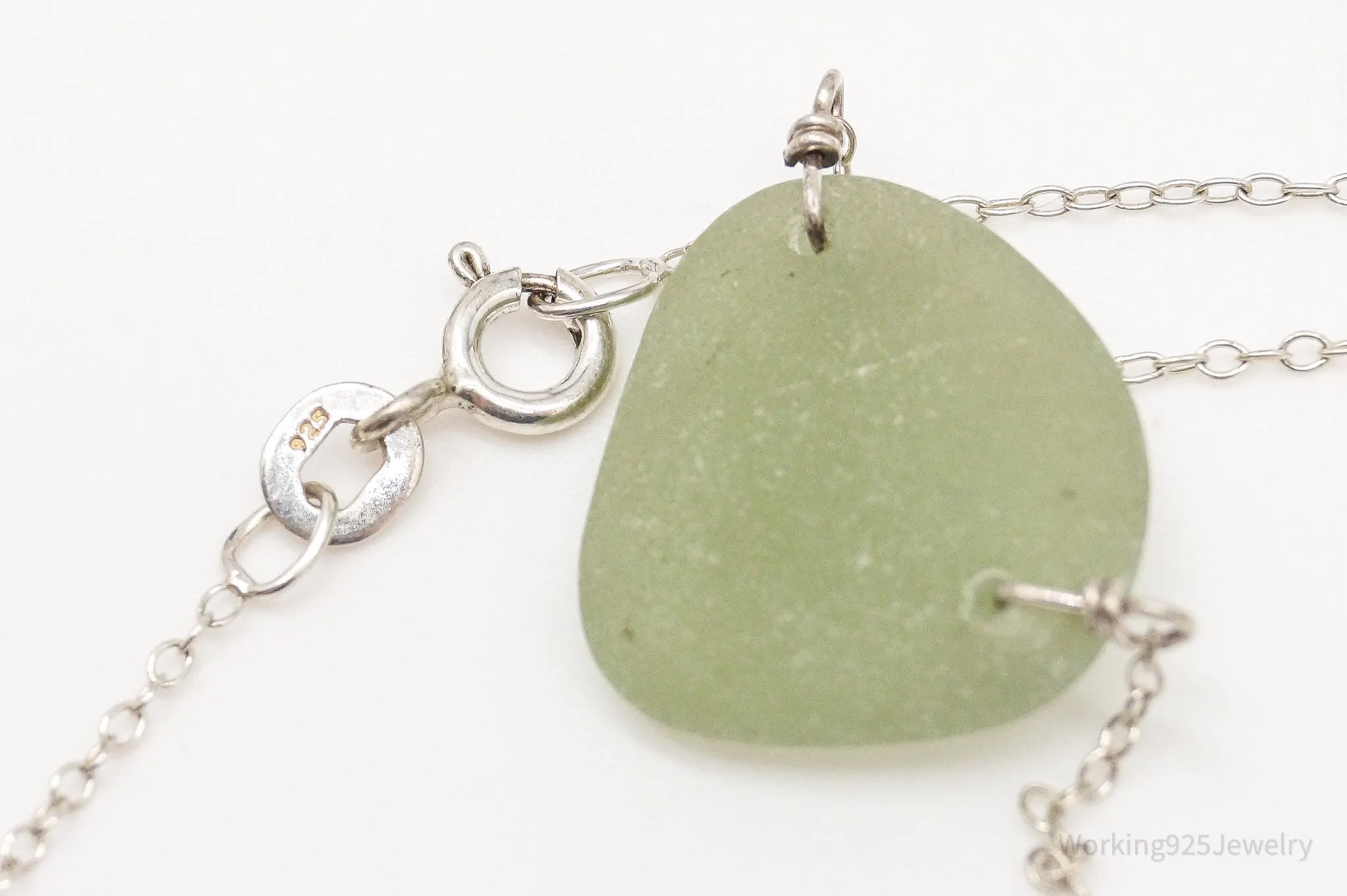 Vintage Green Sea Glass Sterling Silver Necklace 16"