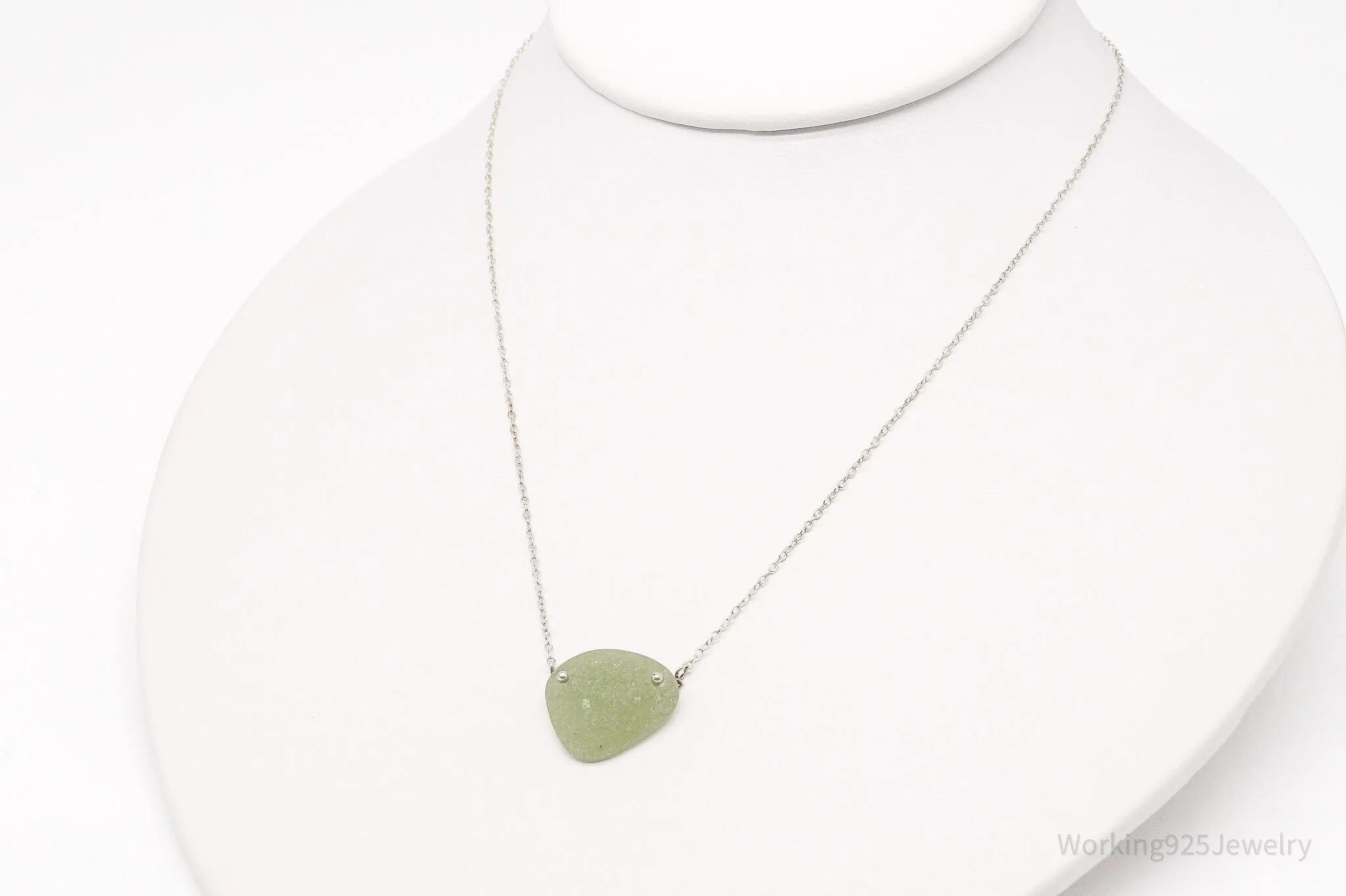 Vintage Green Sea Glass Sterling Silver Necklace 16"