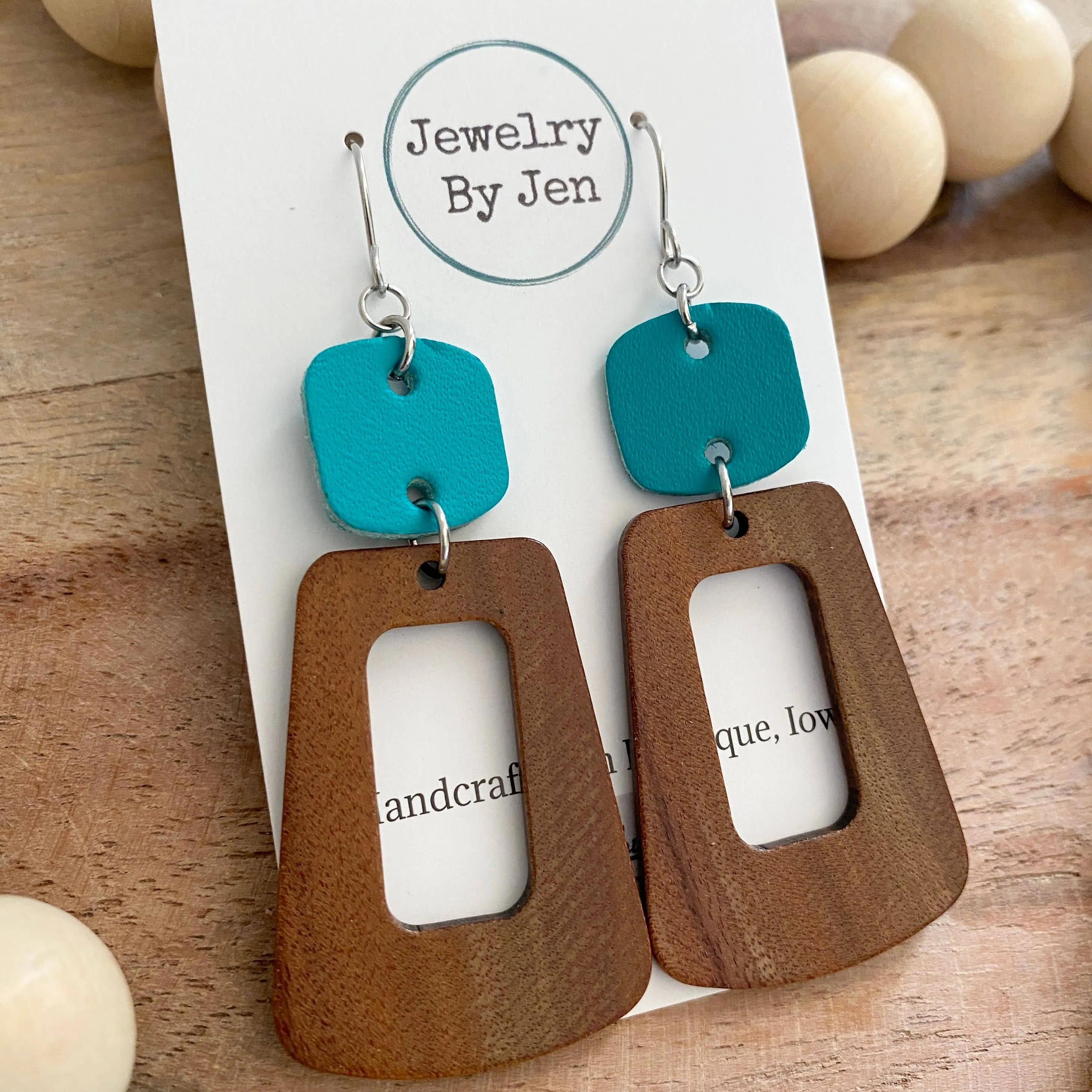 Wood Trapezoid & Turquoise Rounded Square Earrings