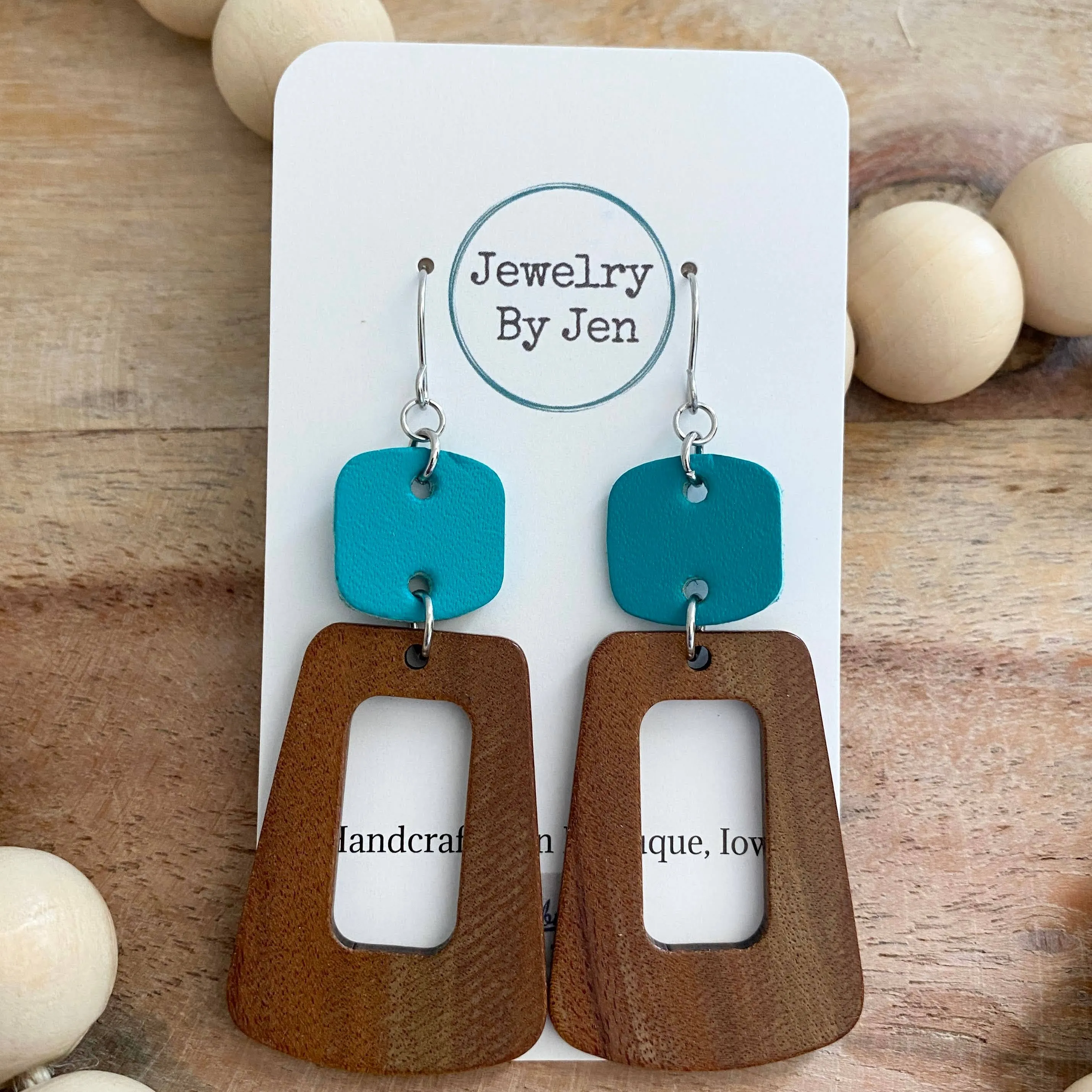 Wood Trapezoid & Turquoise Rounded Square Earrings