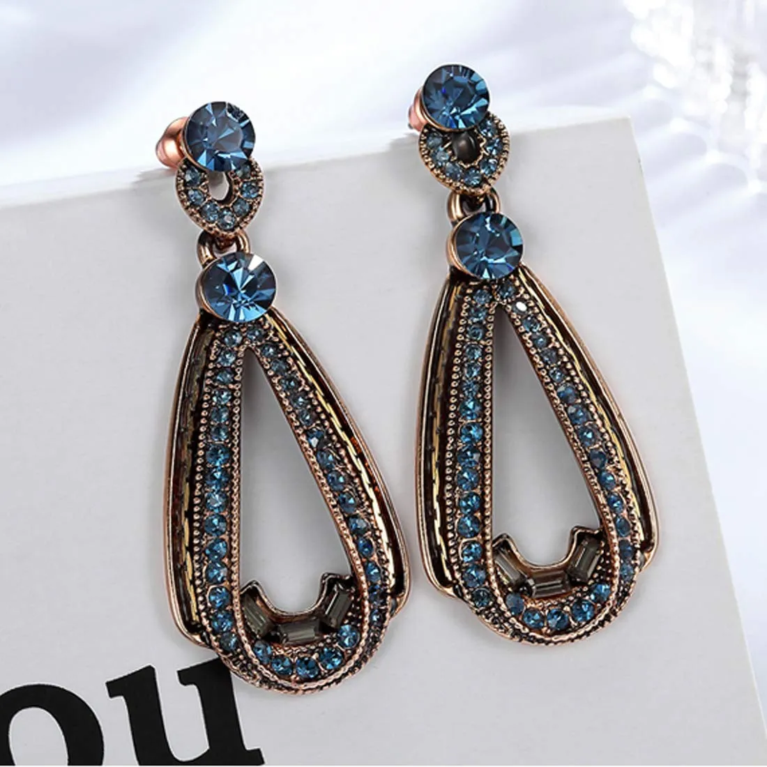 Yellow Chimes Classic Elegant Retro Blue Crystal Water Drop Hanging Gold Plated Dangle Earrings For Women and Girl's