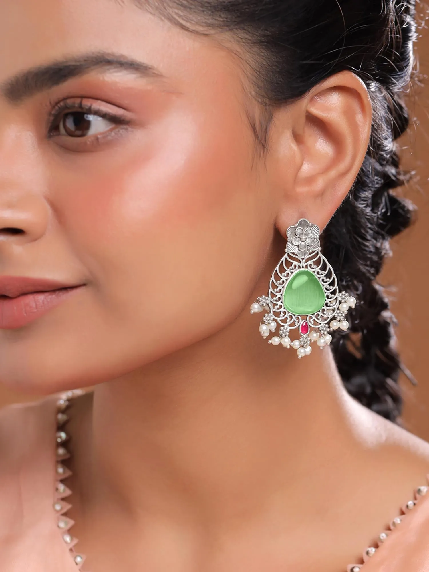 Yellow Chimes Silver Oxidised Earrings for Women & Girls | Traditional Oxidised Silver Drop Earrings Afghani Style Green Monalisa Stone Studded Earrings | Birthday Anniversary Gift for Wife Women