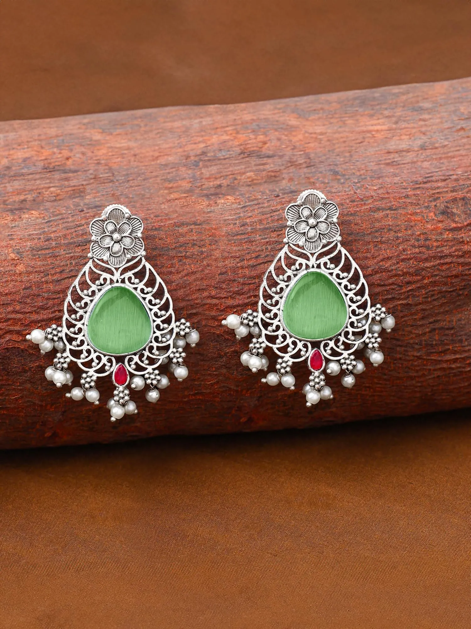 Yellow Chimes Silver Oxidised Earrings for Women & Girls | Traditional Oxidised Silver Drop Earrings Afghani Style Green Monalisa Stone Studded Earrings | Birthday Anniversary Gift for Wife Women