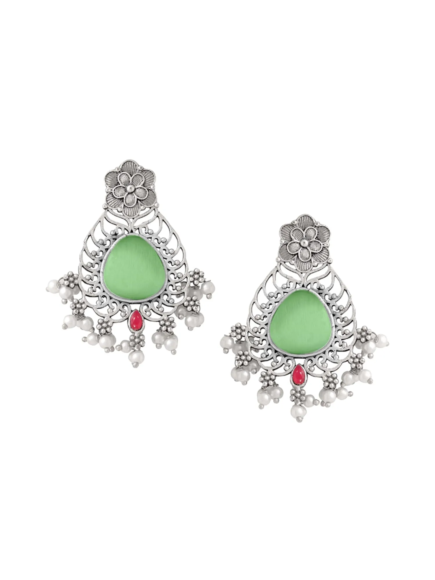 Yellow Chimes Silver Oxidised Earrings for Women & Girls | Traditional Oxidised Silver Drop Earrings Afghani Style Green Monalisa Stone Studded Earrings | Birthday Anniversary Gift for Wife Women